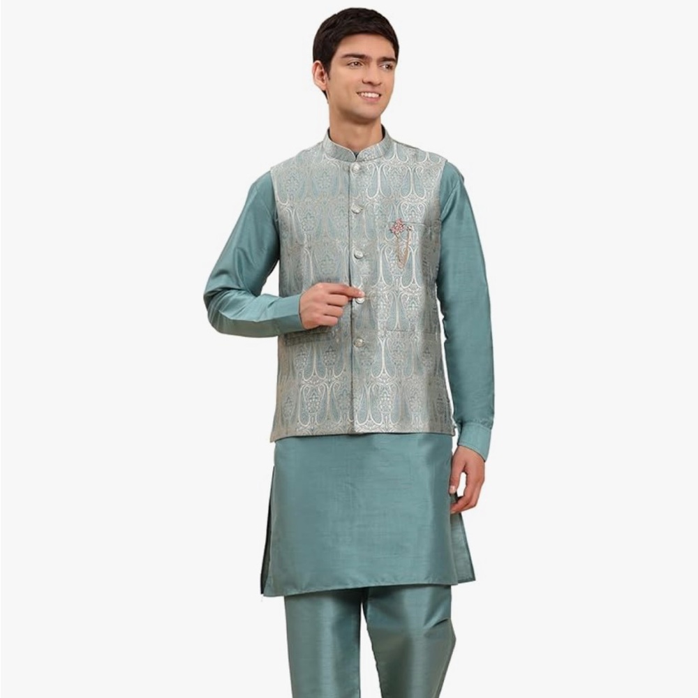 Men's Seafoam Green Kurta Set with Brocade Nehru Jacket